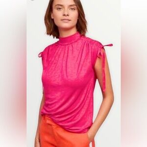 Anthropologie Cute Cinched Drawstring Shoulder Short Sleeve Mock Neck Pink Top